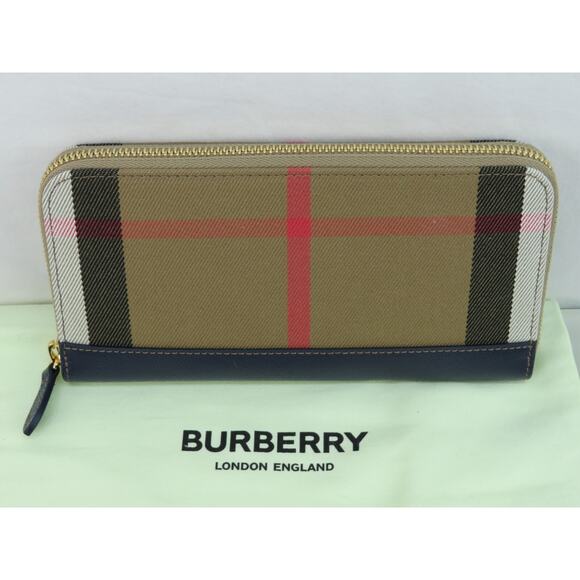 BURBERRY BLUE LEATHER TRIM ICON CHECK CANVAS ZIP AROUND CONTINENTAL WALLET $630 - Picture 4 of 12